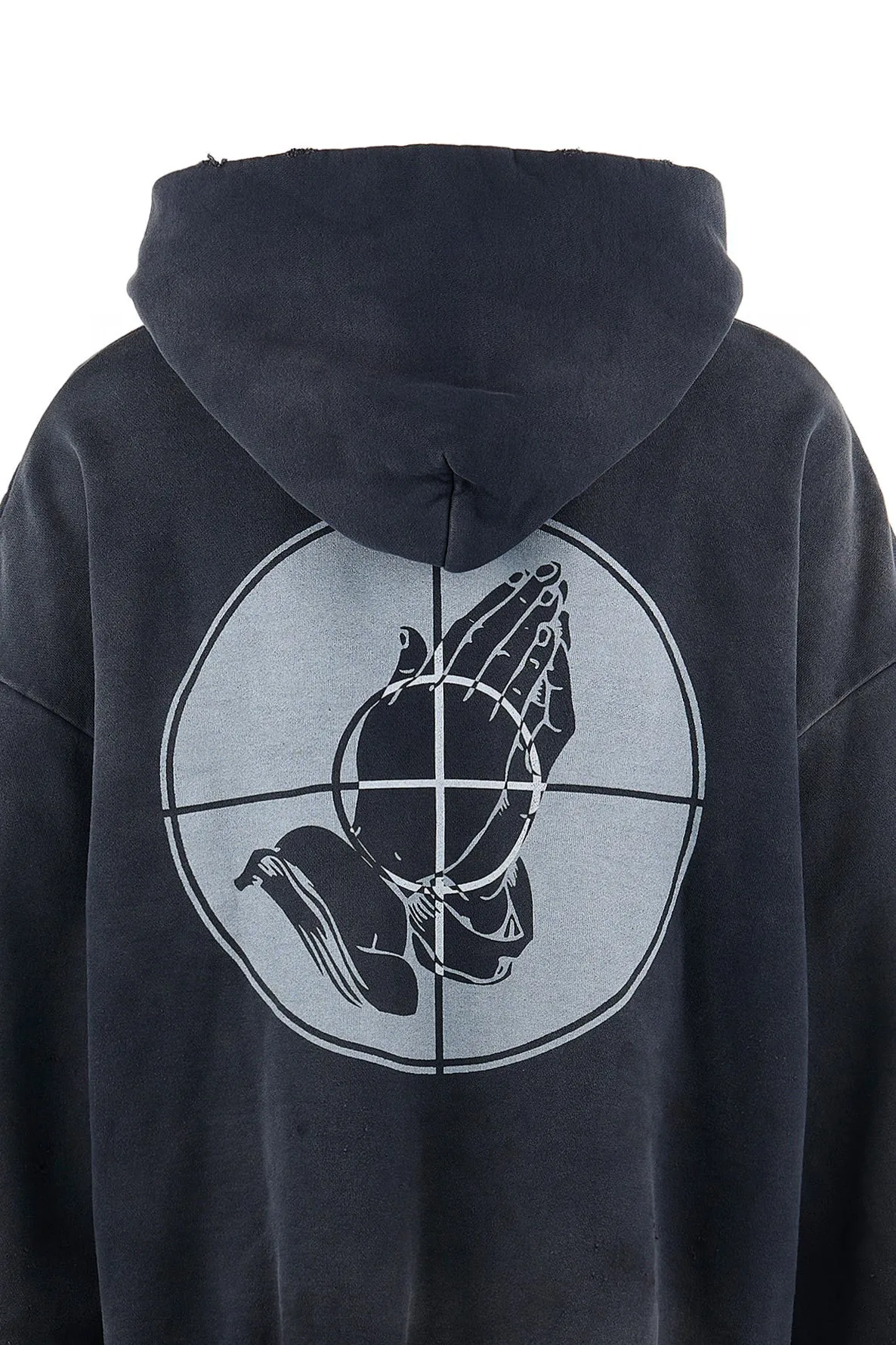 SAINT Mxxxxxx × FEAR OF GOD FG_HOODIE/SNT OF GOD/BLK FOG joint model ETERNAL praying crosshair distressed hoodie. Washed black S-XL. This season's popular super popular joint model. The original version is the same. Thin spring and summer fabrics. The upper body is comfortable. The BOXY version of the short fat wide shoulder line. Fashion darling wears it with a high-end feel. Heavy washing and water fading technology. The horse is repositioned. Excessive wear and damage graffiti treatment. Correct version FOG joint main mark/wash mark/little angel mark